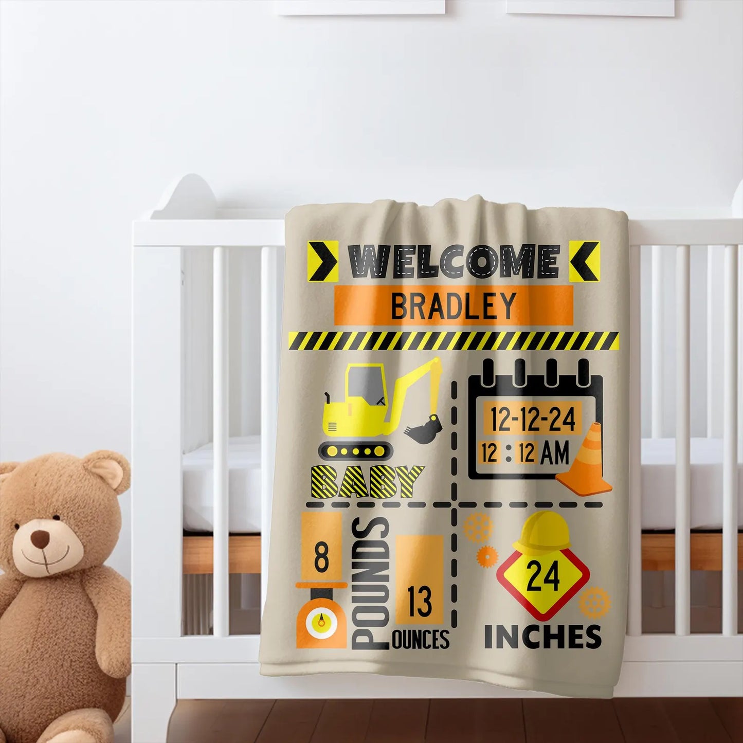 Personalized Construction Name Swaddle Blanket | Newborn coming home girl boy outfit | Baby Name Announcement, custom coming home baby birth