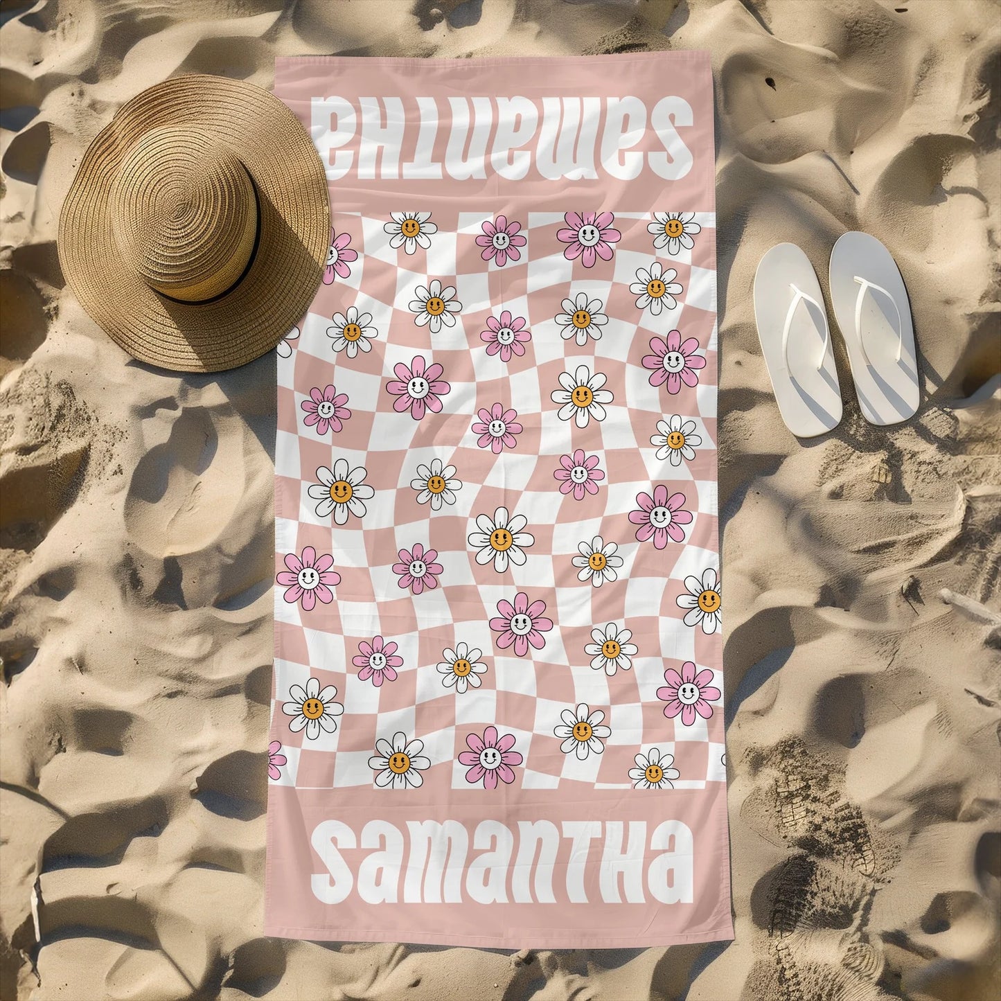 Personalized Beach Towel Retro Style Multi Color Name Bath, Custom Pool Towel, Outside Birthday Vacation Gift - 30x60 - Smileys and Daisie