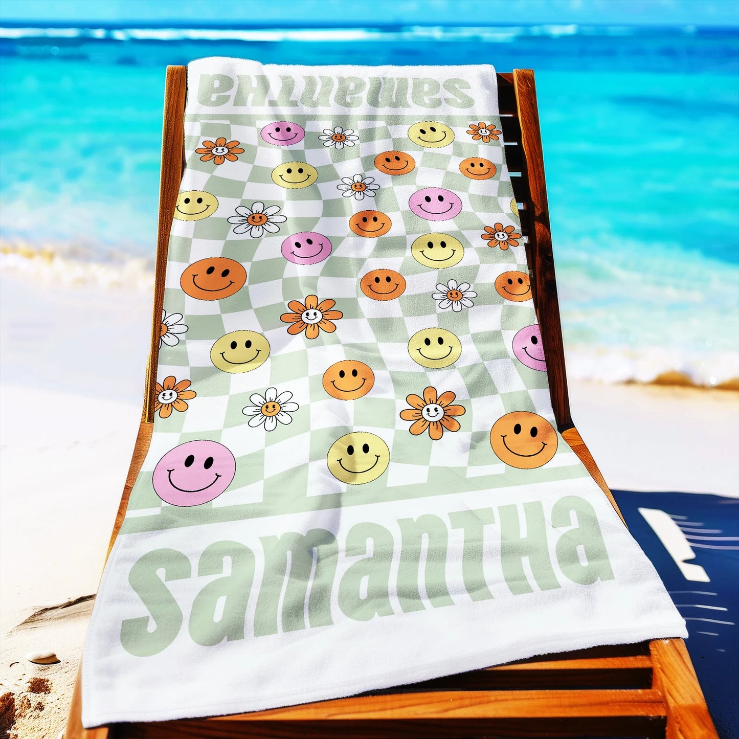 Personalized Beach Towel Retro Style Multi Color Name Bath, Custom Pool Towel, Outside Birthday Vacation Gift - 30x60 - Smileys and Daisie