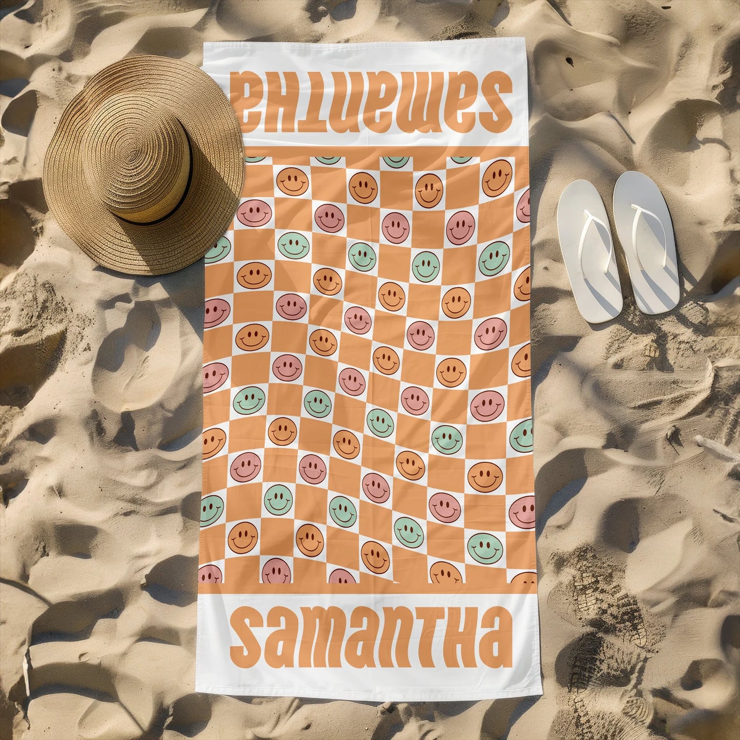 Personalized Beach Towel Retro Style Multi Color Name Bath, Custom Pool Towel, Outside Birthday Vacation Gift - 30x60 - Smileys and Daisie