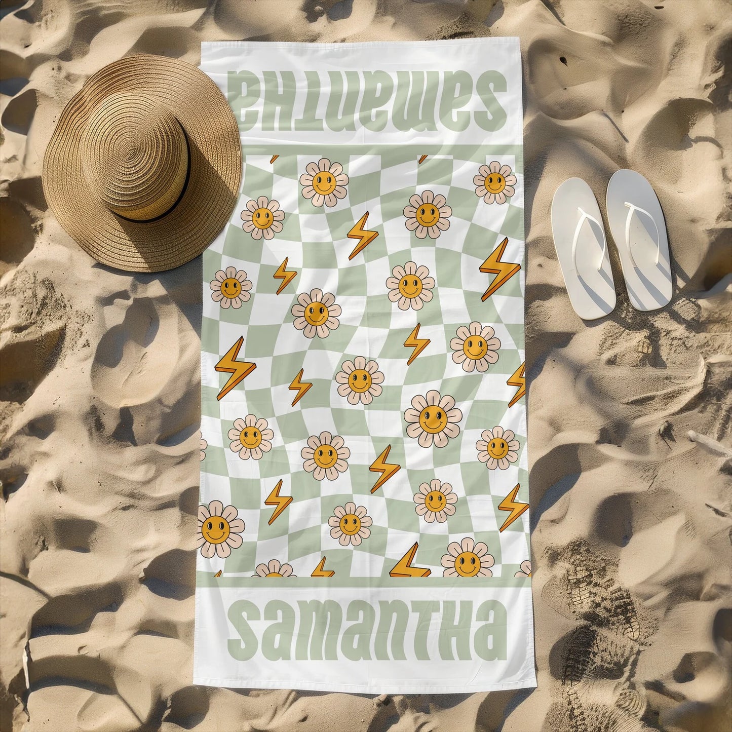 Personalized Beach Towel Retro Style Multi Color Name Bath, Custom Pool Towel, Outside Birthday Vacation Gift - 30x60 - Smileys and Daisie