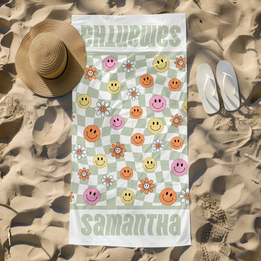 Personalized Beach Towel Retro Style Multi Color Name Bath, Custom Pool Towel, Outside Birthday Vacation Gift - 30x60 - Smileys and Daisie
