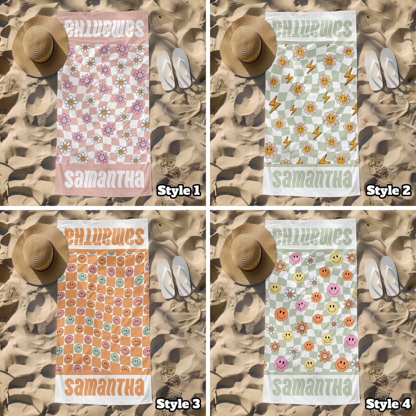 Personalized Beach Towel Retro Style Multi Color Name Bath, Custom Pool Towel, Outside Birthday Vacation Gift - 30x60 - Smileys and Daisie