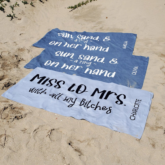 Personalized Bridal Party Beach Towel - Custom Name Towel for Brides, Bridesmaids, and Maid of Honor with Cute Funny Saying Quote