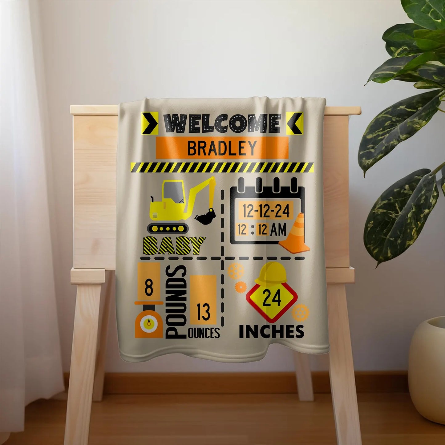 Personalized Construction Name Swaddle Blanket | Newborn coming home girl boy outfit | Baby Name Announcement, custom coming home baby birth