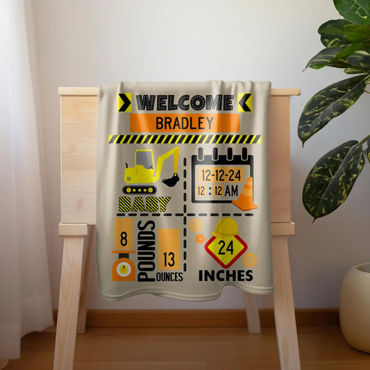 Personalized Construction Name Swaddle Blanket | Newborn coming home girl boy outfit | Baby Name Announcement, custom coming home baby birth