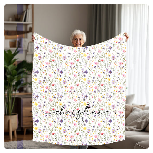 Personalized Floral Name Blanket - Custom Sherpa or Fleece Throw - Cozy Gift for Mom, Grandma, Kids, Birthdays, Christmas, Housewarming
