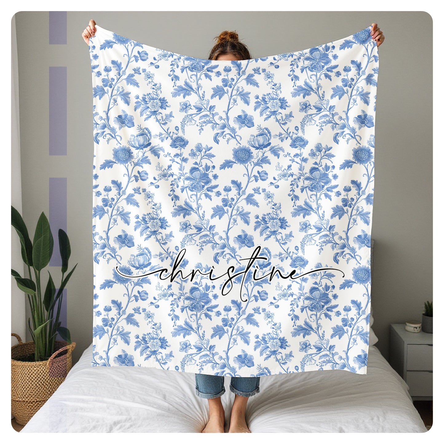 Personalized Blue Floral Blanket - Custom Name Throw - Soft Sherpa & Fleece Blanket - Custom Gift for Mom, Grandma, Wife, or Friend