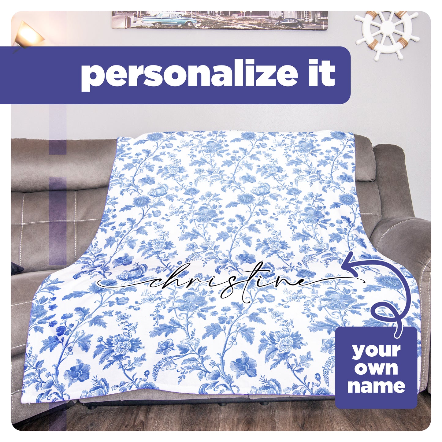 Personalized Blue Floral Blanket - Custom Name Throw - Soft Sherpa & Fleece Blanket - Custom Gift for Mom, Grandma, Wife, or Friend
