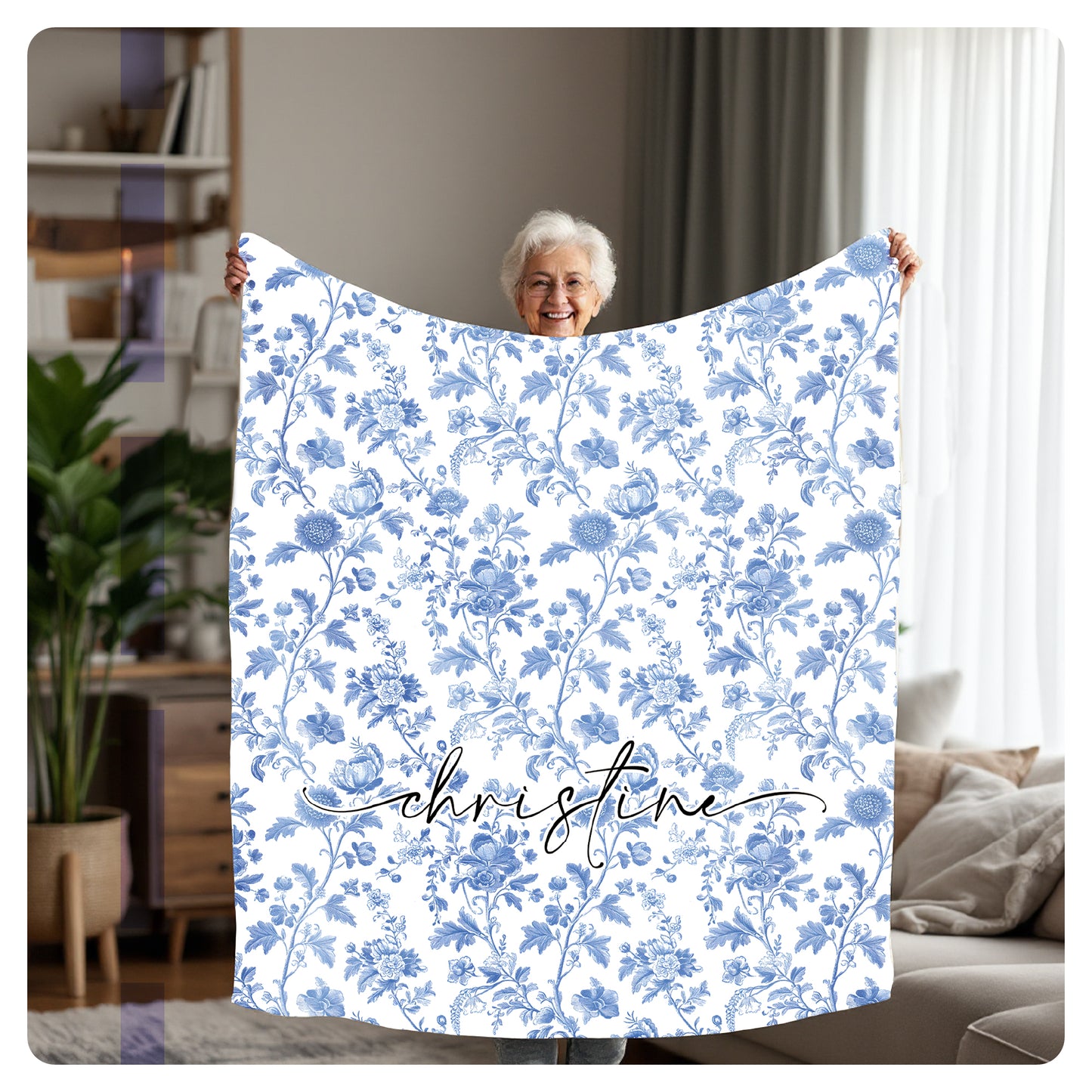 Personalized Blue Floral Blanket - Custom Name Throw - Soft Sherpa & Fleece Blanket - Custom Gift for Mom, Grandma, Wife, or Friend