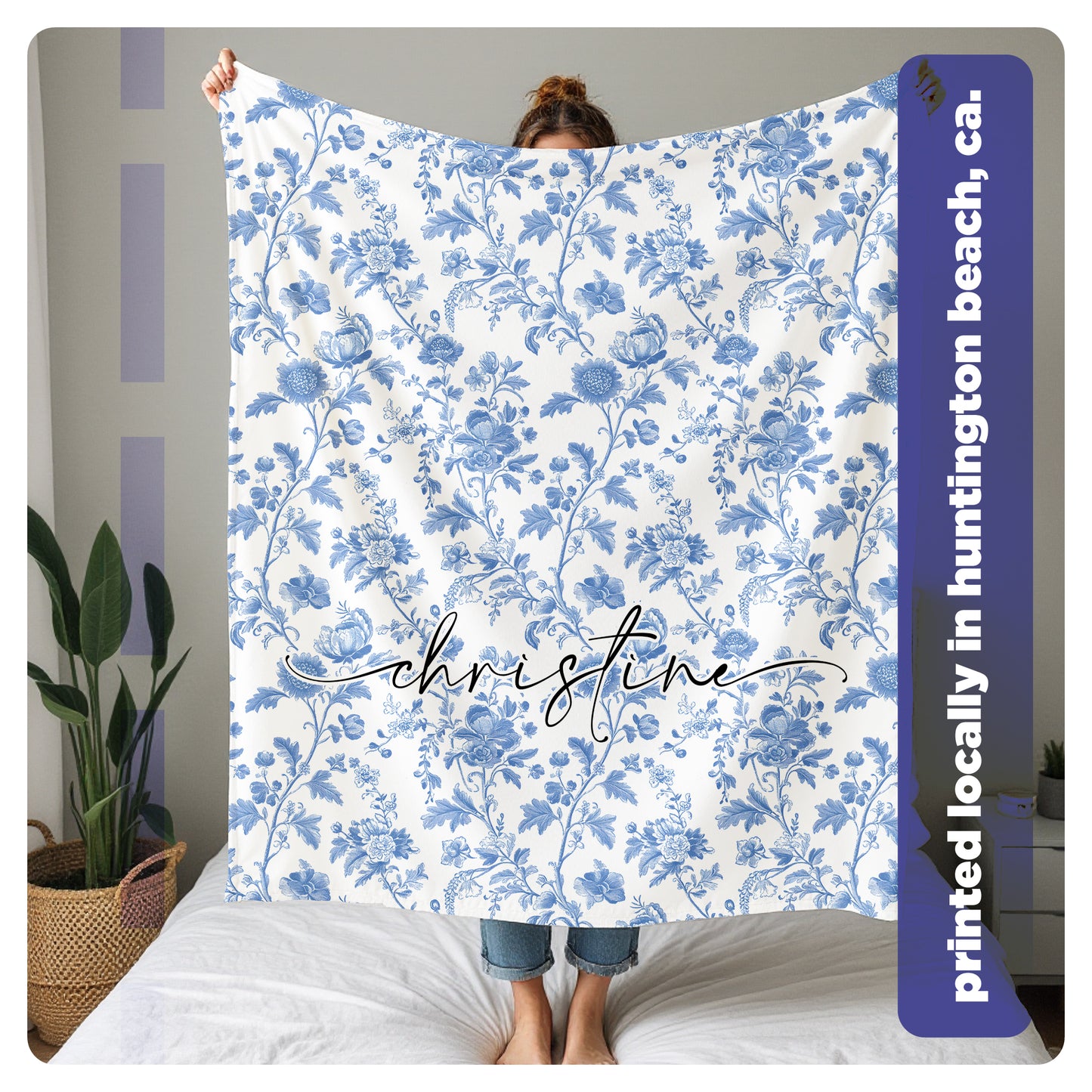 Personalized Blue Floral Blanket - Custom Name Throw - Soft Sherpa & Fleece Blanket - Custom Gift for Mom, Grandma, Wife, or Friend