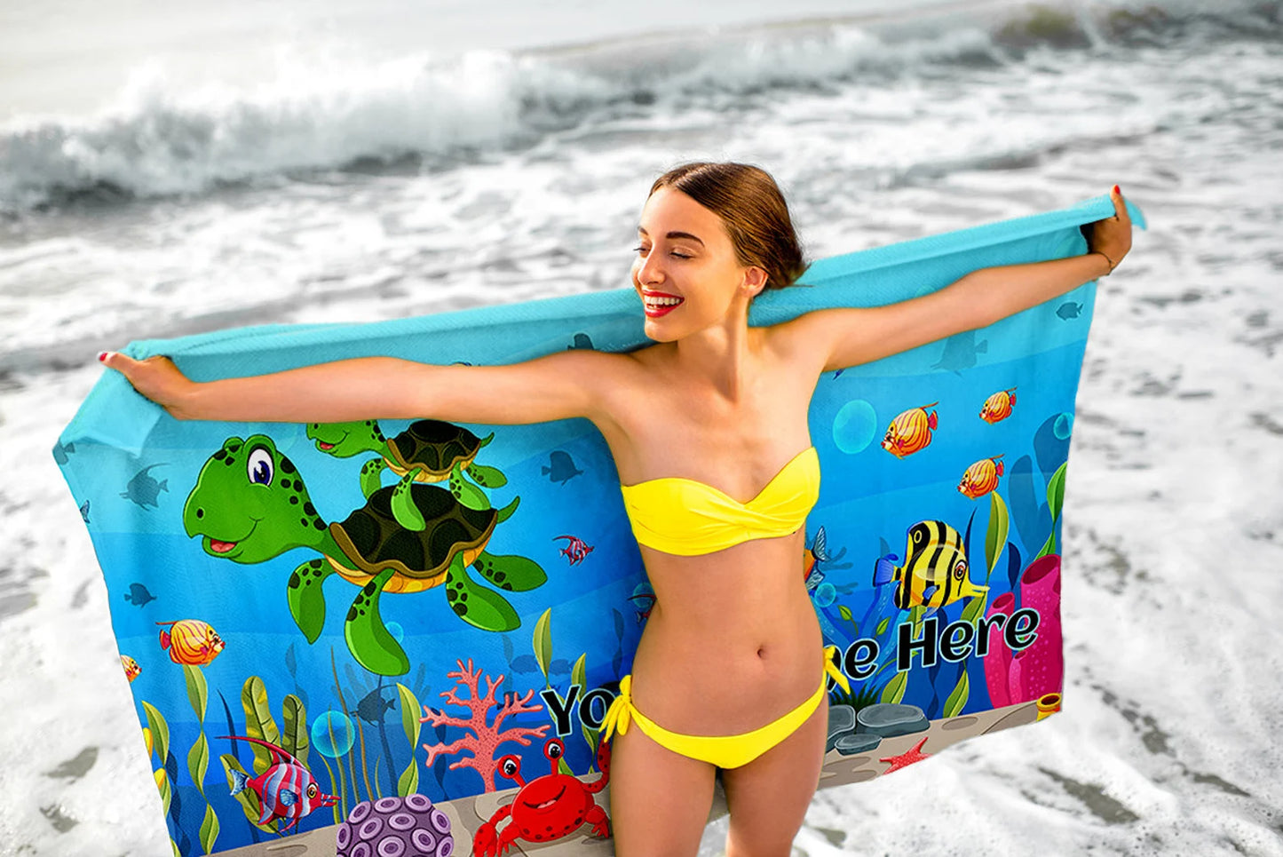 Personalized Custom Beach Towels for Kids - Sea life Turtle Jellyfish Fish Corals Crab Tang Girls Her or Him sealife ocean