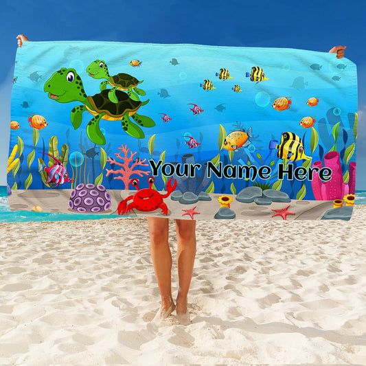 Personalized Custom Beach Towels for Kids - Sea life Turtle Jellyfish Fish Corals Crab Tang Girls Her or Him sealife ocean