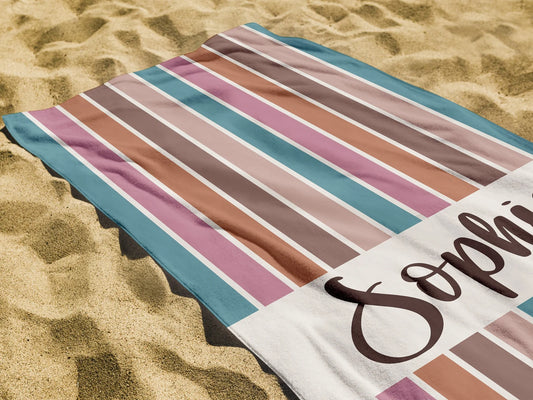 Personalized Beach Towel - Custom Name Towel for Pool, Beach, or Vacation - Vibrant but Neutral Colors, Mother's Day Best Friend's Birthday.