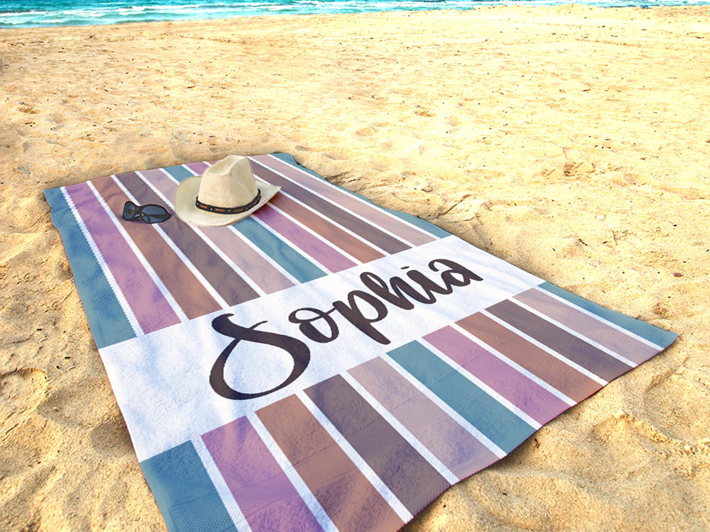 Personalized Beach Towel - Custom Name Towel for Pool, Beach, or Vacation - Vibrant but Neutral Colors, Mother's Day Best Friend's Birthday.