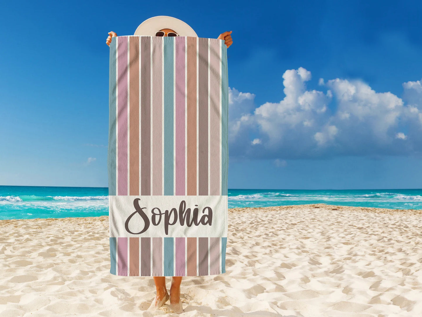Personalized Beach Towel - Custom Name Towel for Pool, Beach, or Vacation - Vibrant but Neutral Colors, Mother's Day Best Friend's Birthday.