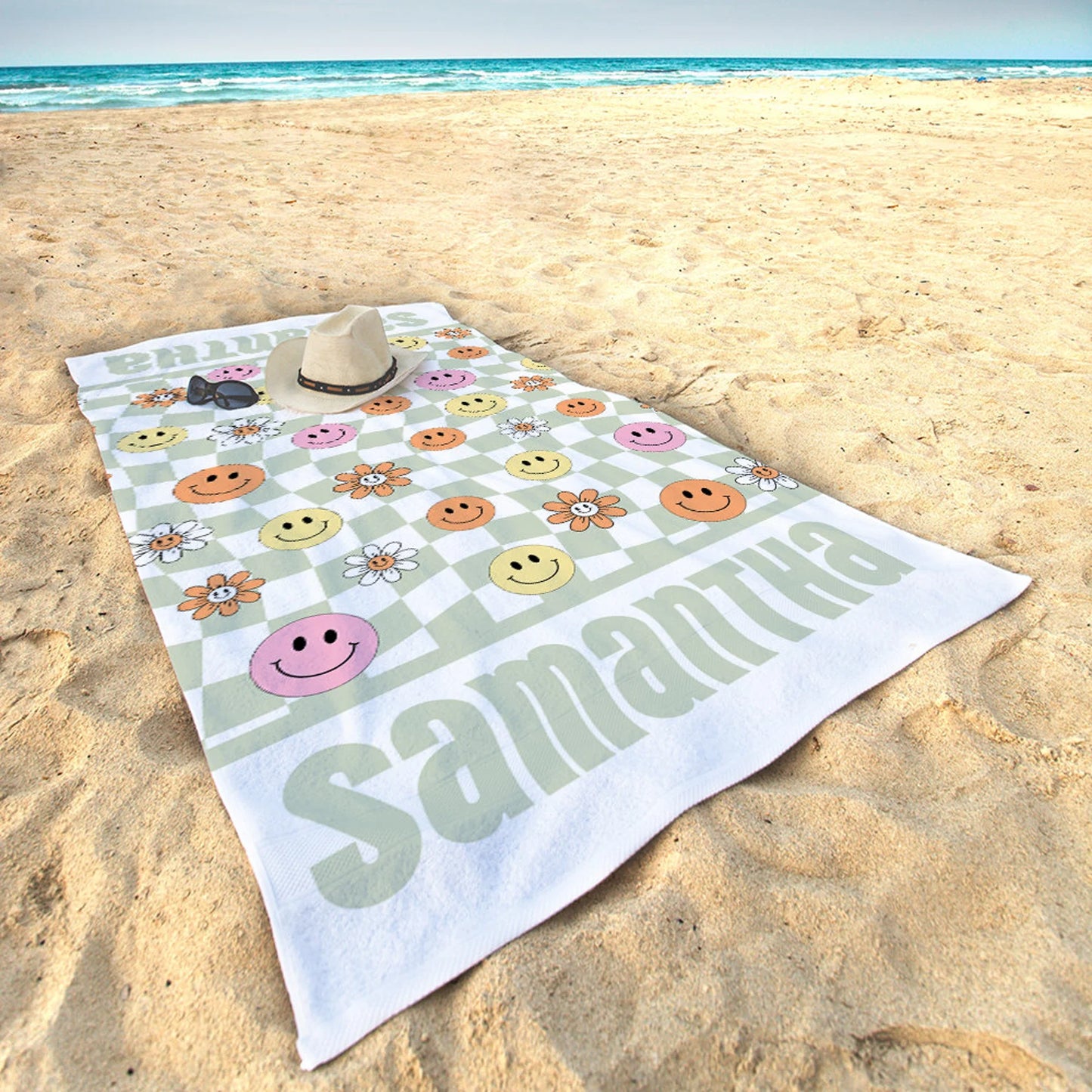 Personalized Beach Towel Retro Style Multi Color Name Bath, Custom Pool Towel, Outside Birthday Vacation Gift - 30x60 - Smileys and Daisie