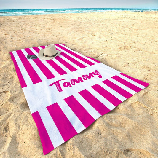 Striped Beach Towel Personalized 30 x 60 Towels, Outdoor Pool Towels, Personalizes Towels, Custom Striped Towels, Magenta Striped Towels