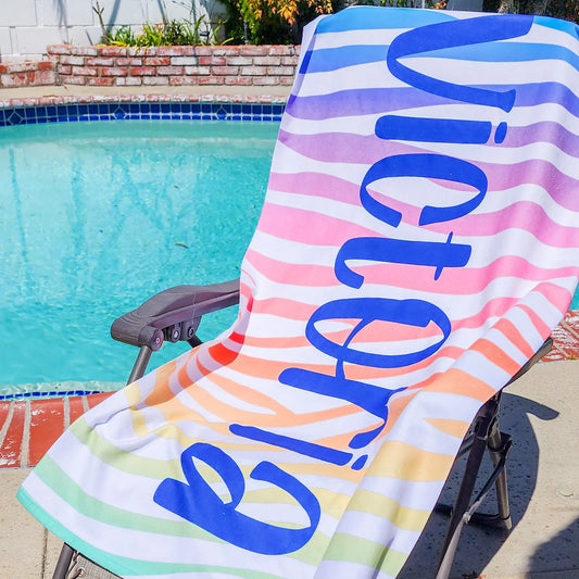 Custom Beach Towel - Personalized Name and Animal Stripe - Fun Pool and Beach Accessory for Kids and Youth