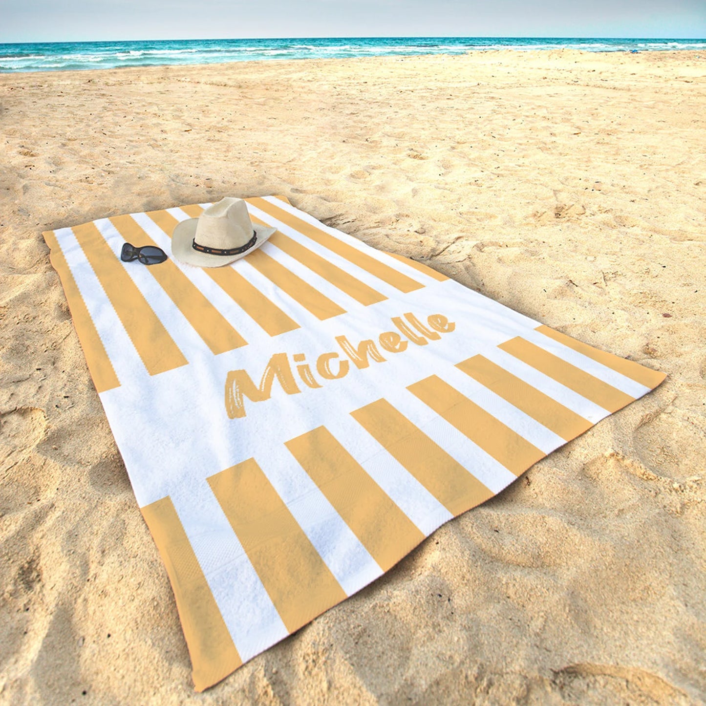 Striped Beach Towel Personalized 30 x 60 Towels, Outdoor Pool Towels, Personalizes Towels, Custom Striped Towels, Vanilla Cream Beach Towel