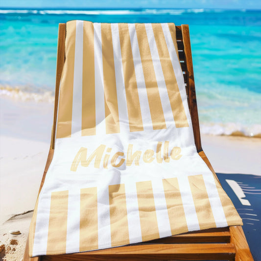 Striped Beach Towel Personalized 30 x 60 Towels, Outdoor Pool Towels, Personalizes Towels, Custom Striped Towels, Vanilla Cream Beach Towel