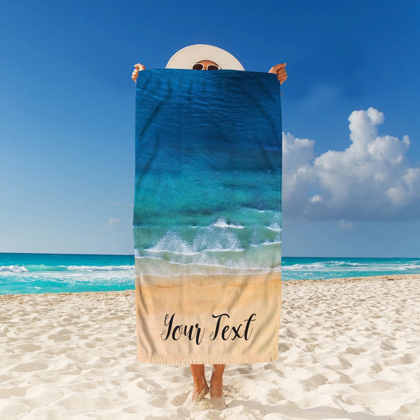 Personalized Signature Style Beach Towel - Plush Customized Towel - for Beach, Pool Summer Fun - Blue - Personalize Name Ocean Waves Sand